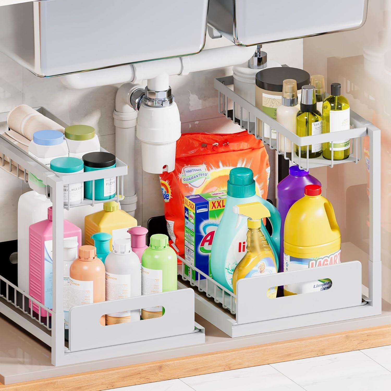 Delamu 2 Pack Under Sink Organizer and Storage, 2 Tier Pull Out Cabinet Organizer, Slide Out Under Sink Storage Shelf for Kitchen Bathroom, White