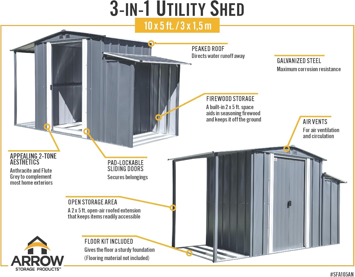 Arrow 3-In-1 Steel Utility Shed