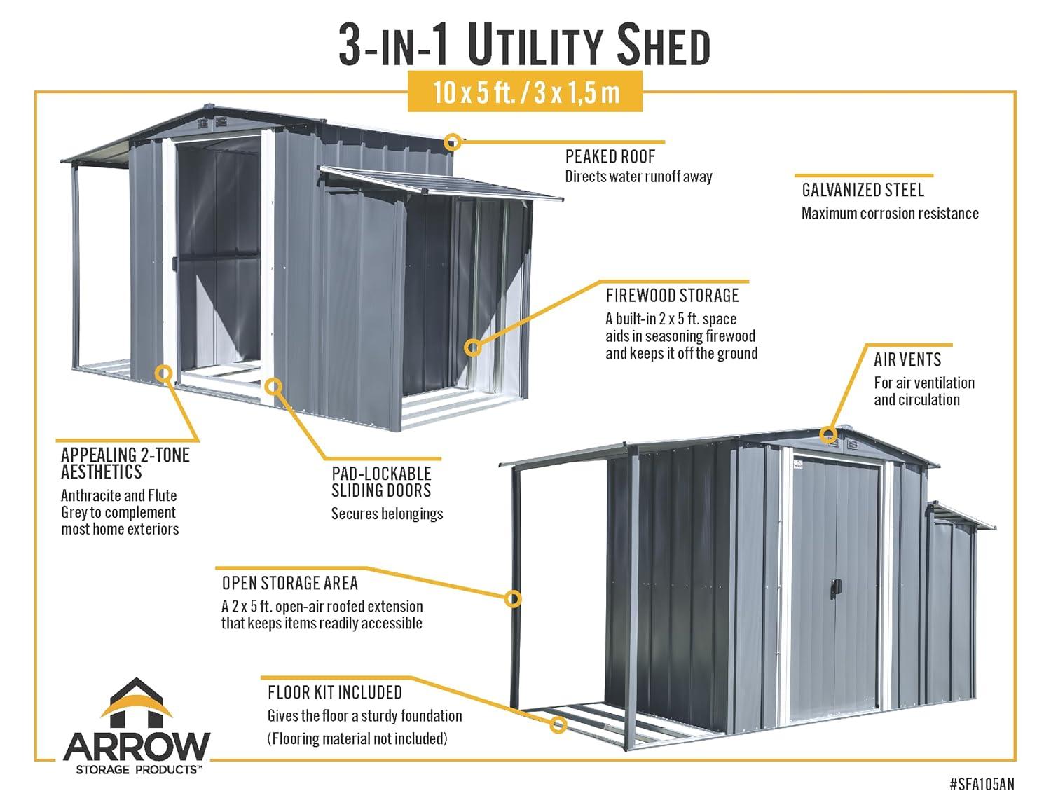 Arrow 3-In-1 Steel Utility Shed