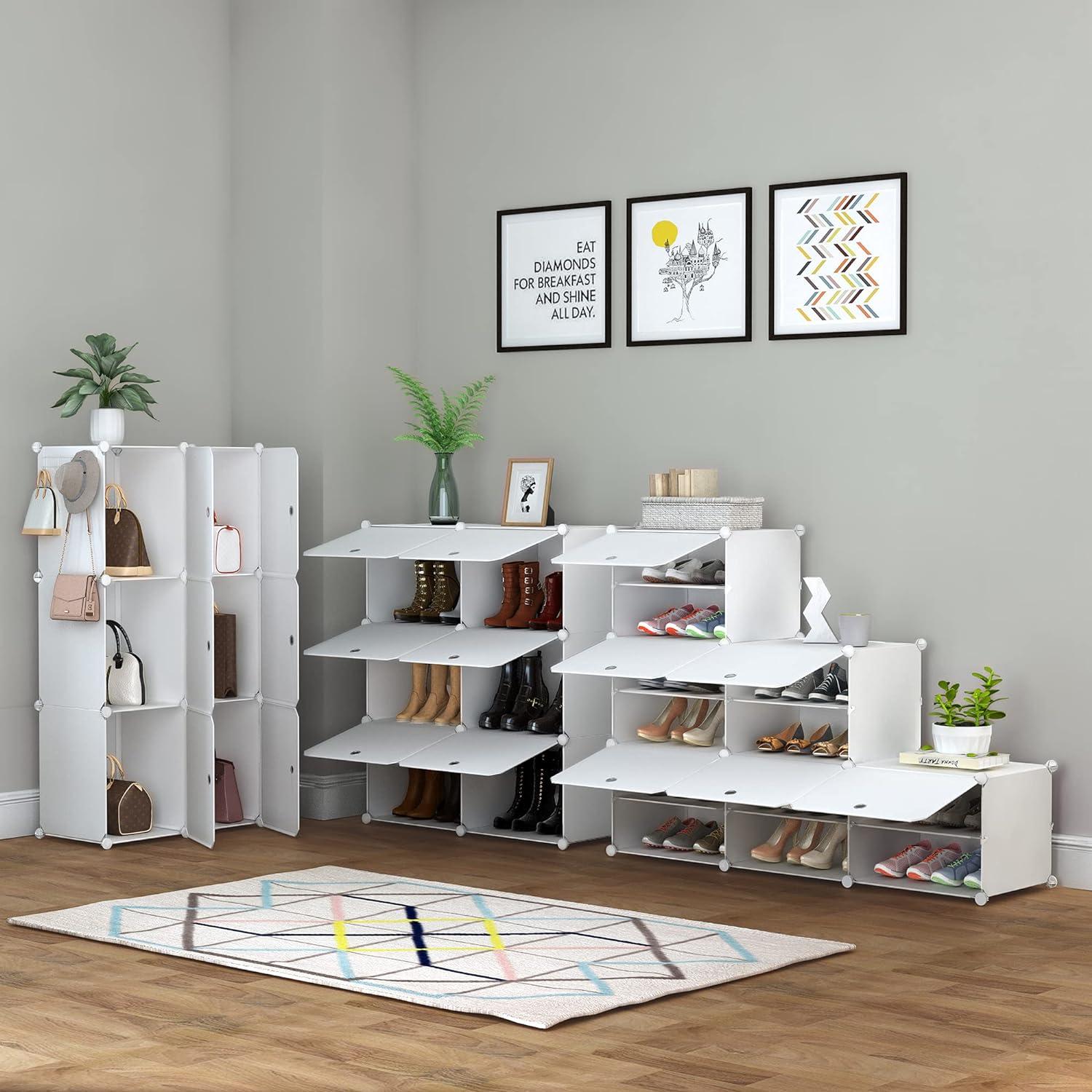 Portable Shoe Rack Organizer 24 Pairs Tower Shelf Storage Cabinet Stand Expandable for Heels, Boots, Slippers, 6 Tier White