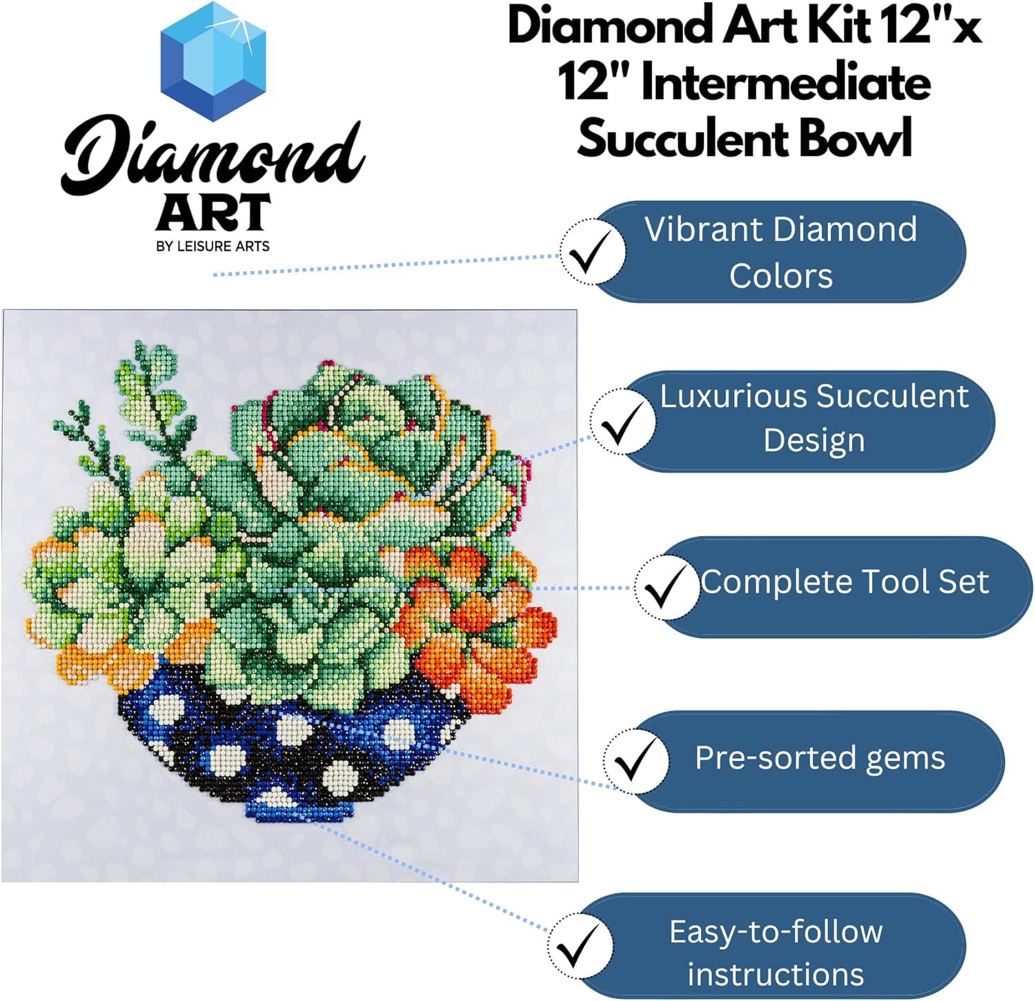 Diamond Art By Leisure Arts Succulent Bowl, 12"X12", Intermediate Diamond Painting Kits For Adults, Art For Adults, Kit, Painting