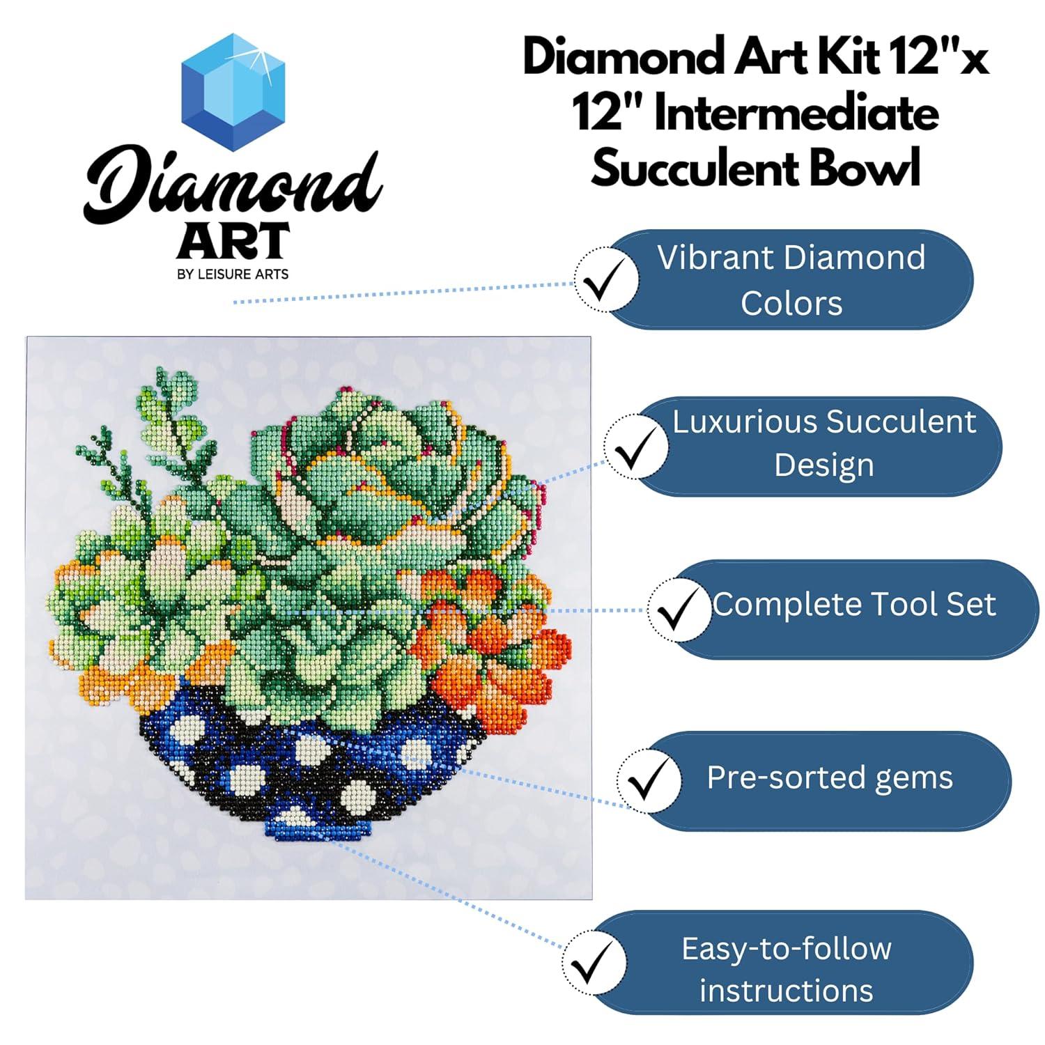 Diamond Art By Leisure Arts Succulent Bowl, 12"X12", Intermediate Diamond Painting Kits For Adults, Art For Adults, Kit, Painting