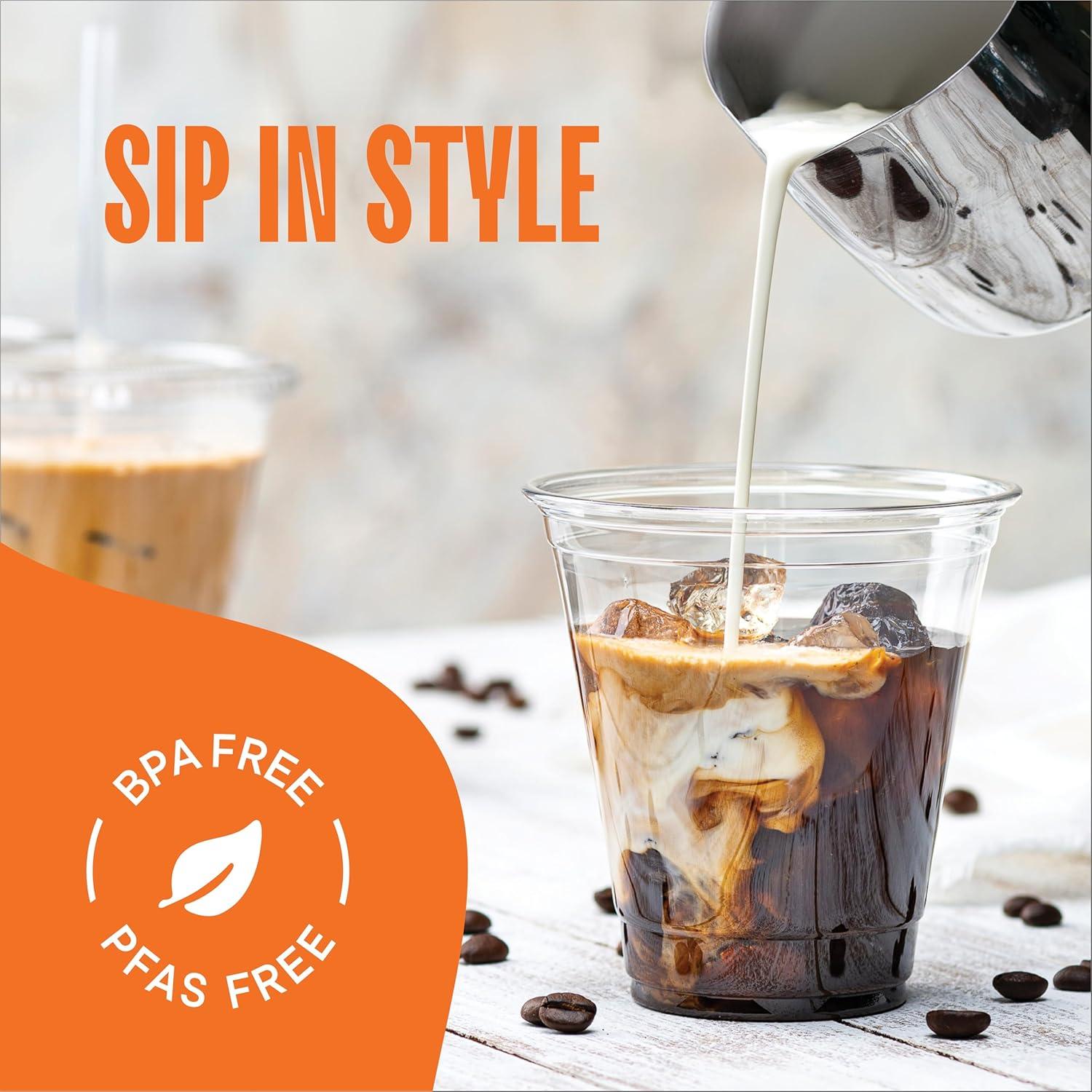 Stack Man Clear Plastic Cups with Lids 12 oz [100 Sets] Disposable Iced Coffee Cups with Straw Lids