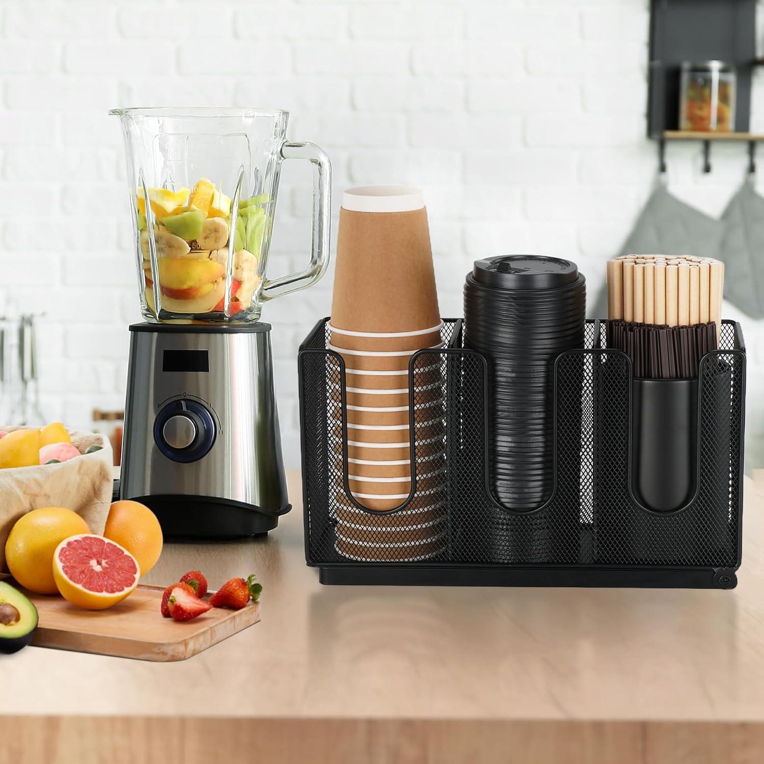 Paper Cup and Lid Holder with Straw Organizer, Disposable Coffee Cup Dispenser for Countertop Coffee Station Bar Restaurant Breakroom, Black