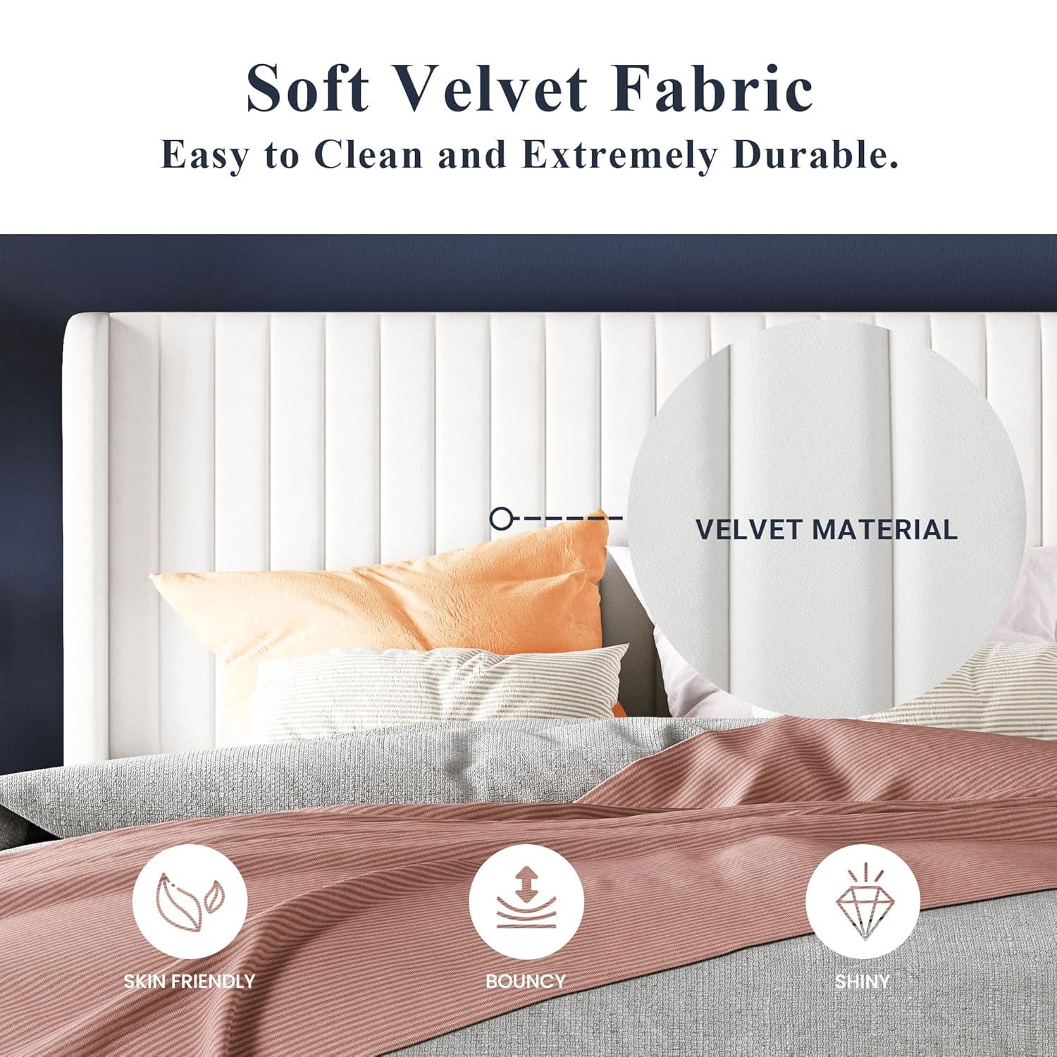Candler Velvet Upholstered Platform Bed with Wingback Headboard and Wooden Slats