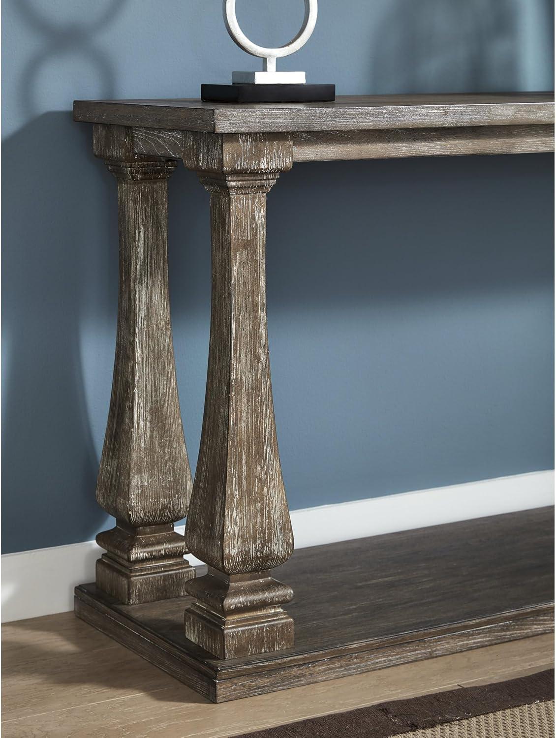Johnelle Sofa Table Gray: Distressed Elm Veneer, Square Baluster Legs - Signature Design by Ashley