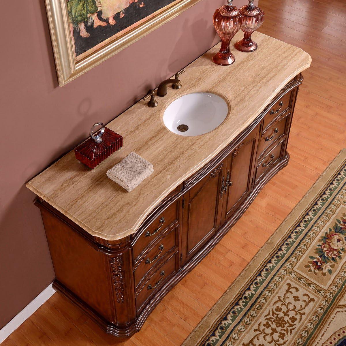 Silkroad Exclusive Transitional Travertine Bathroom Vanity- Single Sink - 72 in. Wide