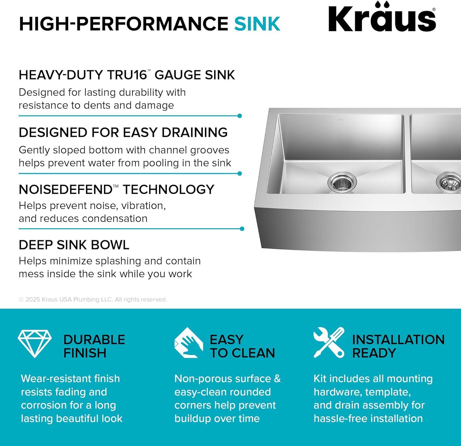 KRAUS Standart Pro Apron Front Farmhouse 16 Gauge Single Bowl Stainless Steel Kitchen Sink
