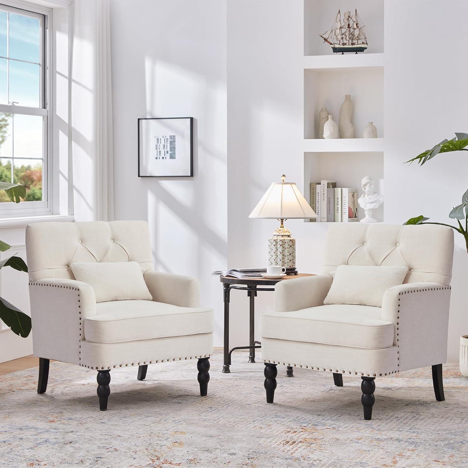 Beige Tufted Armchair Set with Dark Wood Legs