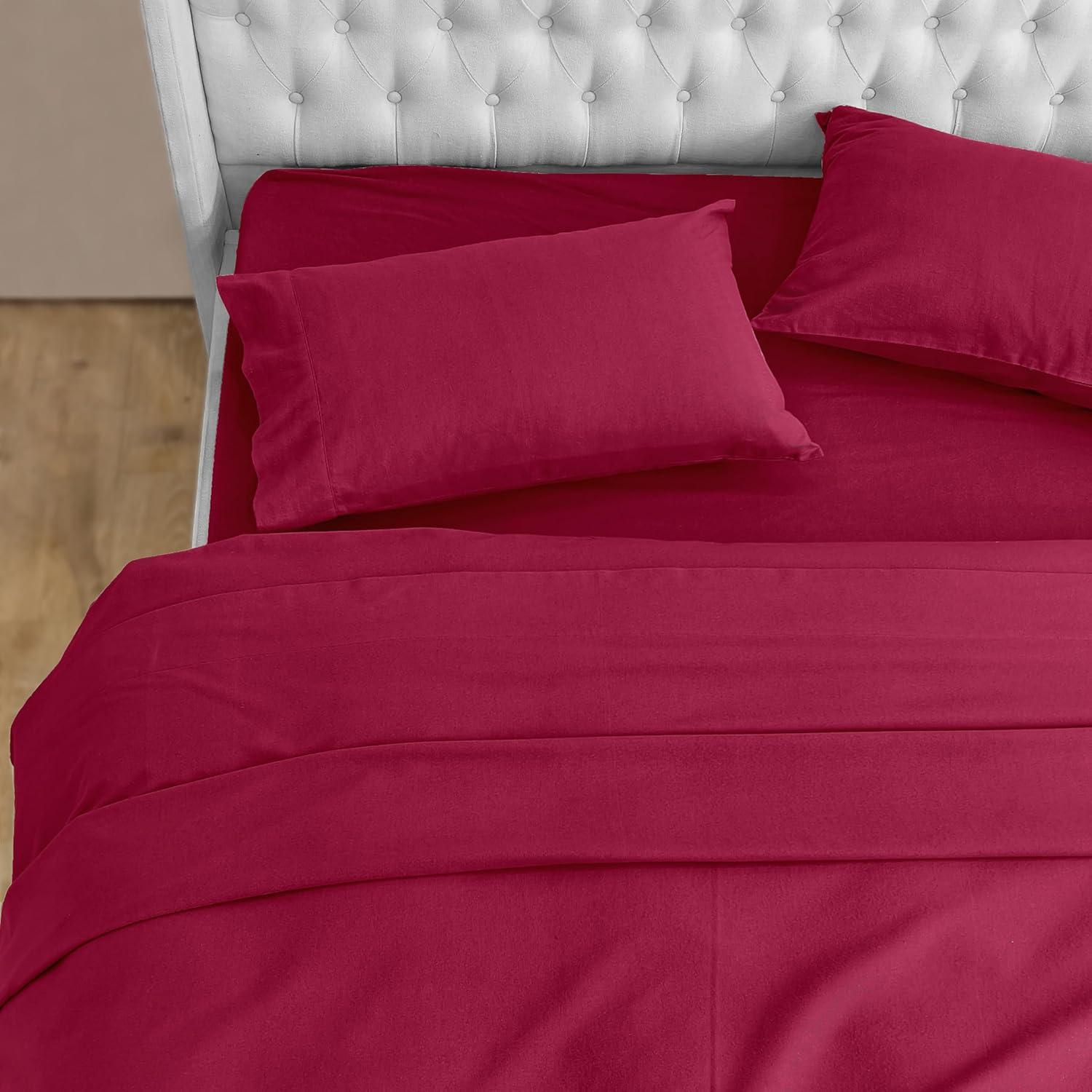 100% Turkish Soft Cotton Flannel Sheet Set - 4-Piece - Deep Pocket Fitted Sheet, Flannel Sheets - Queen, Burgundy