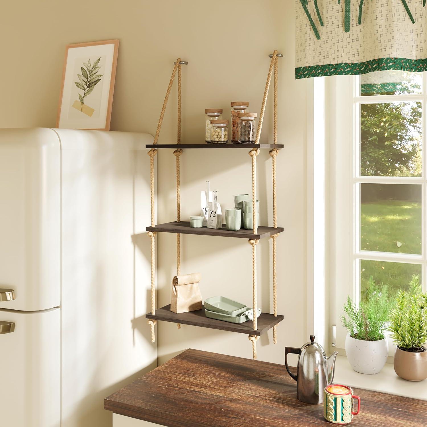 Bamboo and Rope 3-Tier Floating Wall Shelves