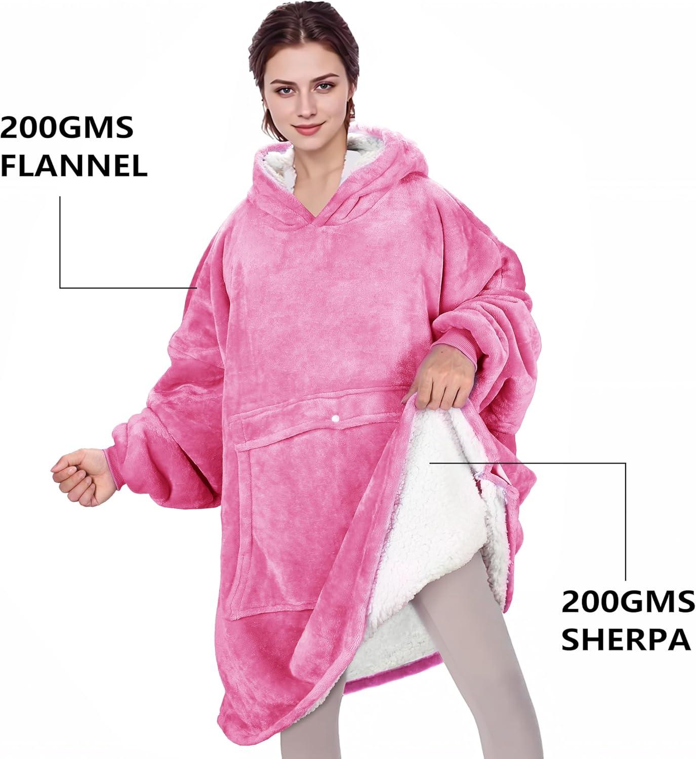 Solaris Women Flannel Blanket Hoodie Oversized Sweatshirt, Wearable Fleece Blanket Woman, Christmas Gift for Her, Hot Pink