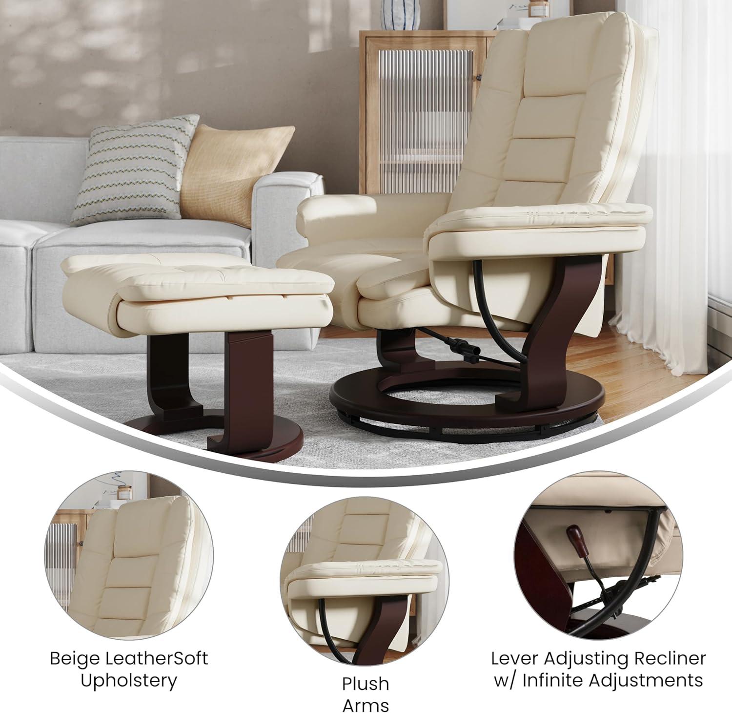 Flash Furniture Bali Contemporary Multi-Position Recliner with Horizontal Stitching and Ottoman with Swivel Mahogany Wood Base in Beige LeatherSoft