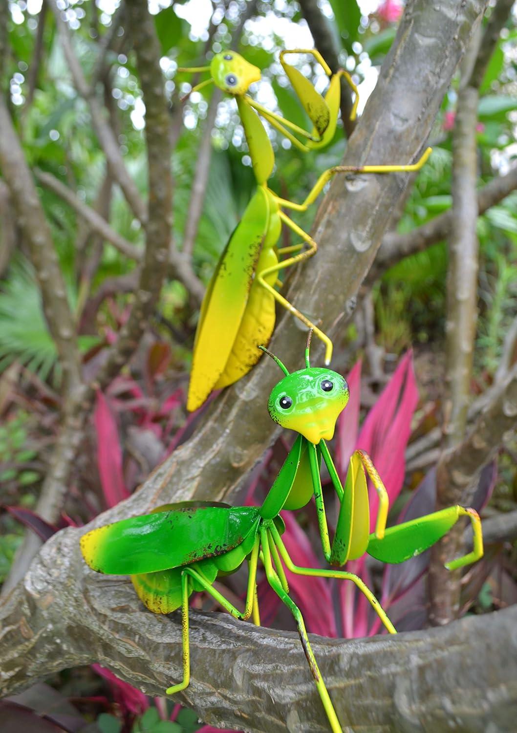 Vibrant Green and Yellow Metal Praying Mantis Garden Decor Set