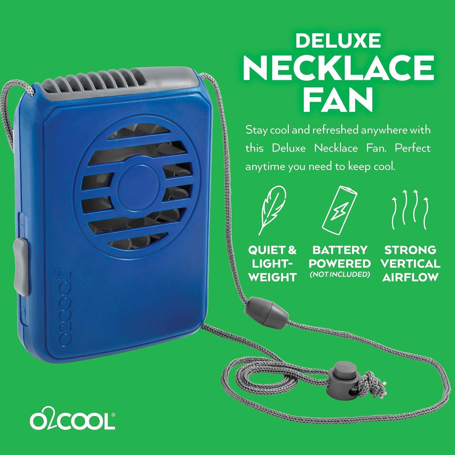 O2COOL Battery Powered Deluxe Necklace Fan for Personal Cooling with Adjustable Lanyard (Blue)
