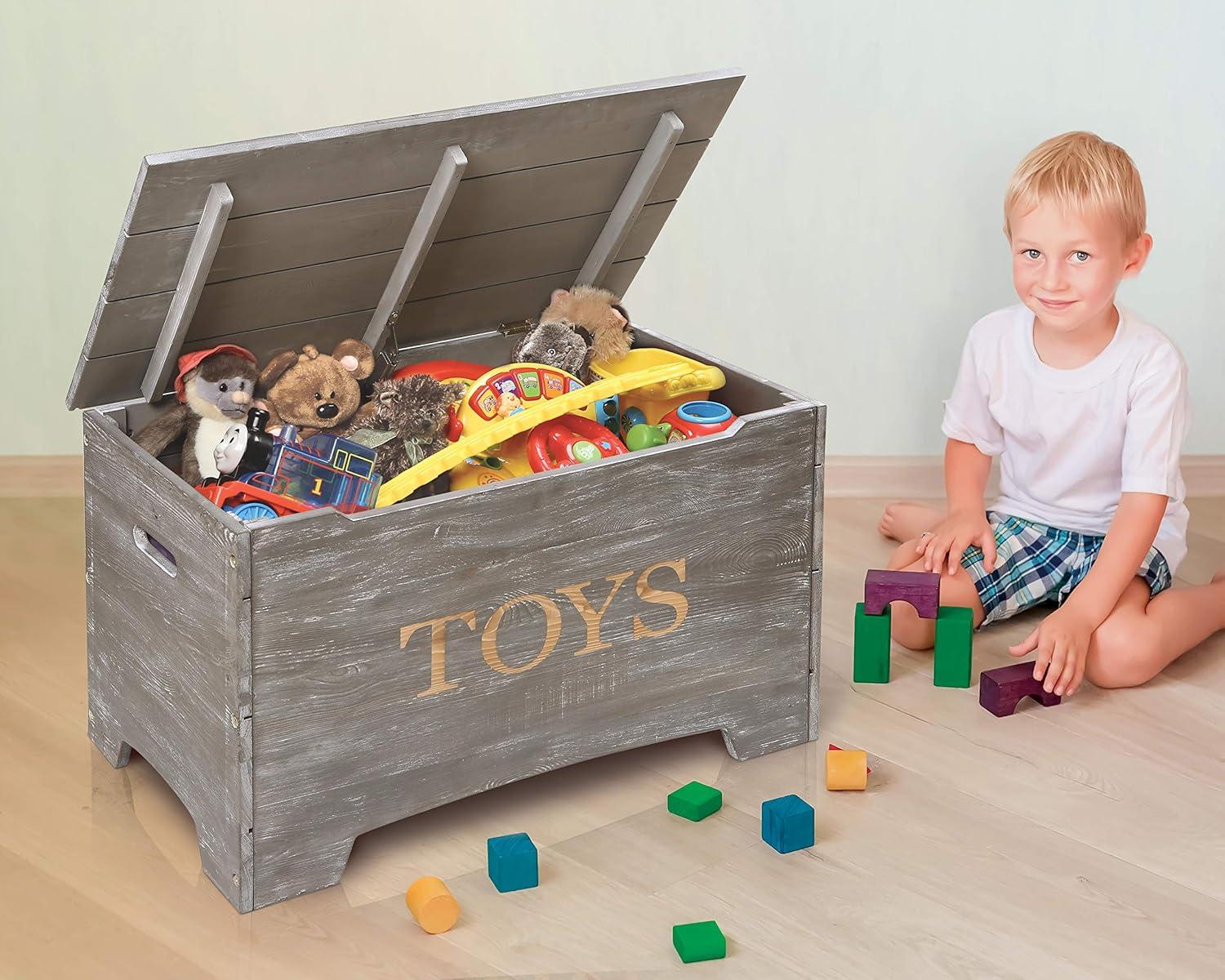 Vintage Gray Solid Wood Rustic Toy Box with Distressed Finish