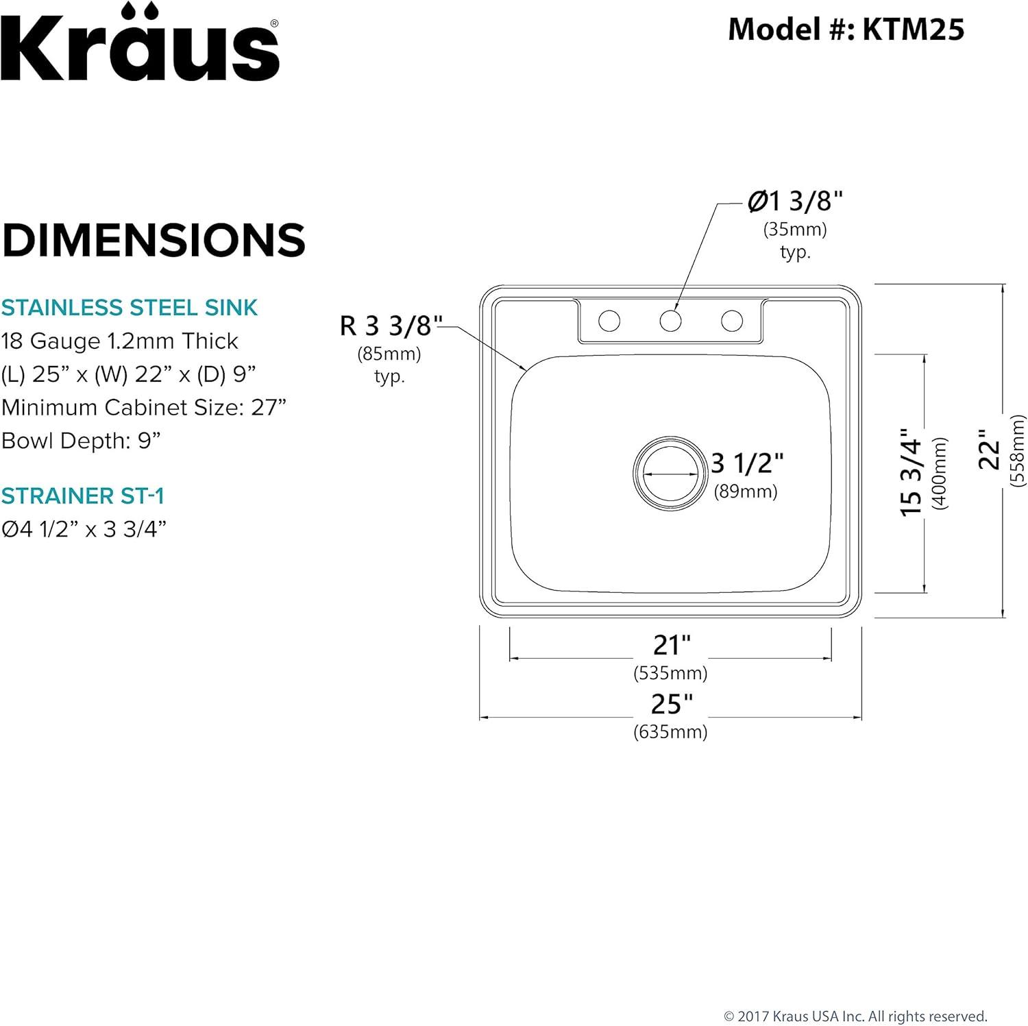 KRAUS 25 inch L Topmount Single Bowl 18 Gauge Stainless Steel Kitchen Sink with NoiseDefend Soundproofing