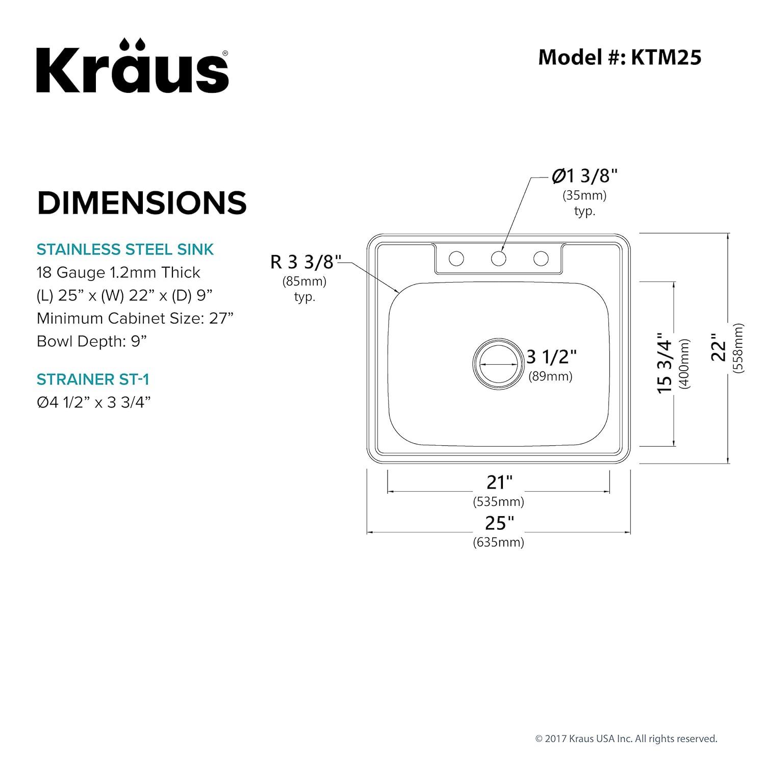KRAUS 25 inch L Topmount Single Bowl 18 Gauge Stainless Steel Kitchen Sink with NoiseDefend Soundproofing