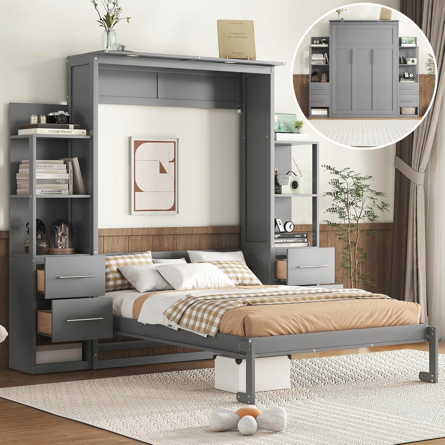 Cosmic Full Size Murphy Bed Wall Bed with Shelves, Drawers and LED Lights