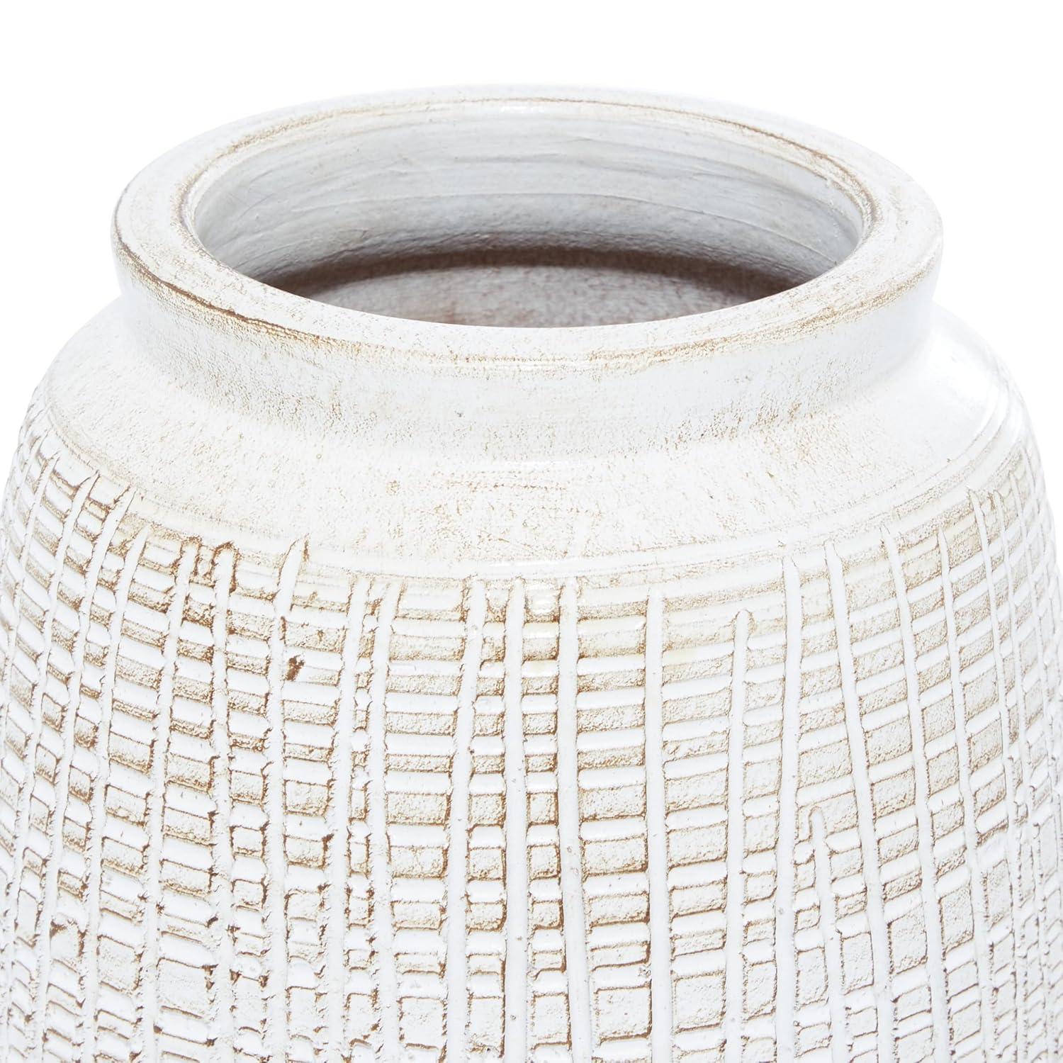 DecMode 11" Carved White Ceramic Vase with Crosshatch Design