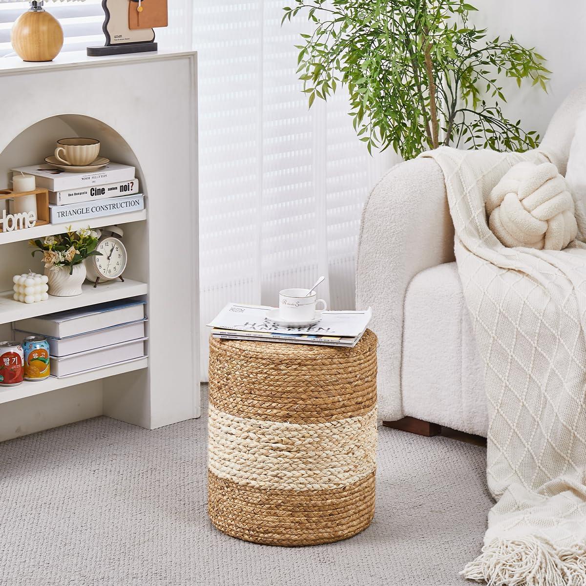 Mxfurhawa Seagrass Pouf Ottoman Round Accent Foot Rest Stool Outdoor, Natural & White