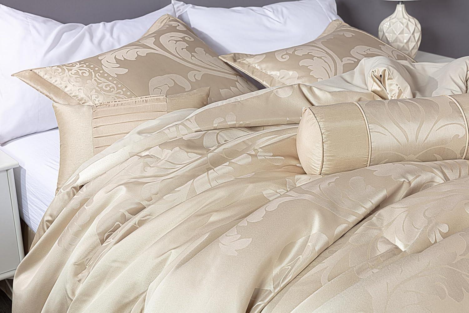 Champagne Jacquard Floral Queen Comforter Set with Decorative Pillows