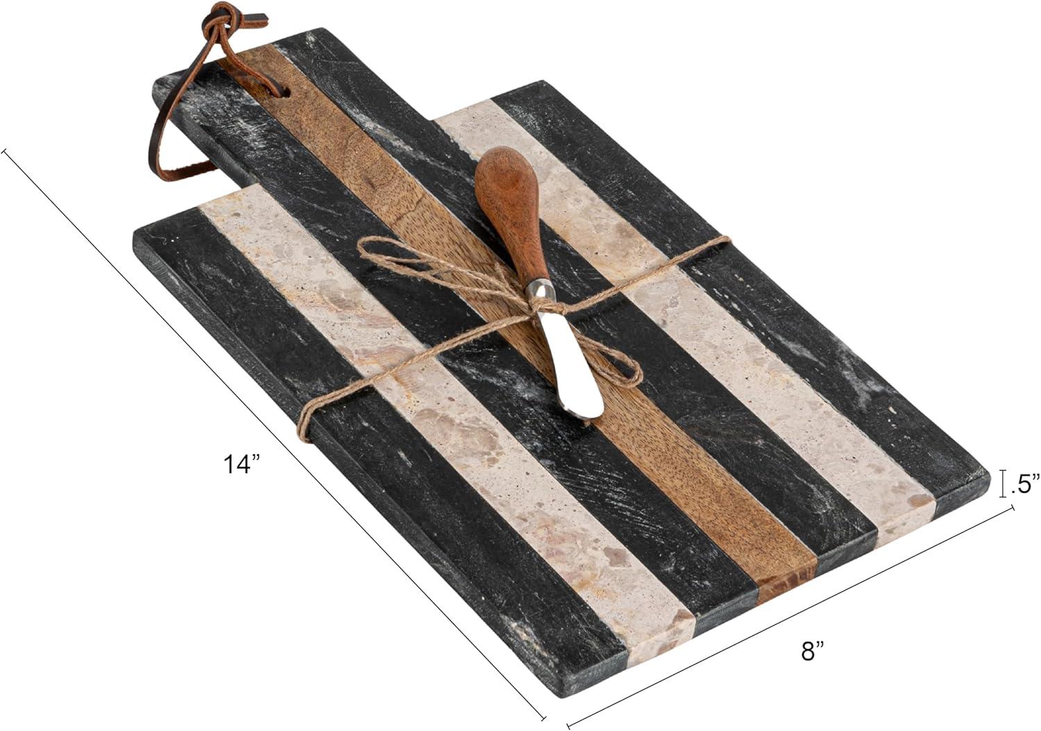 Striped Black and Beige Marble Rectangular Cheese Board Set with Knife