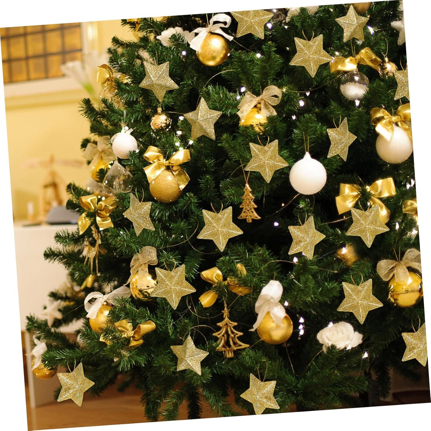 30Pcs Mini Gold Glitter Star Pendant Christmas Tree Hanging Decorations Xmas Star Pendant Tree Ornament Decoration for Christmas