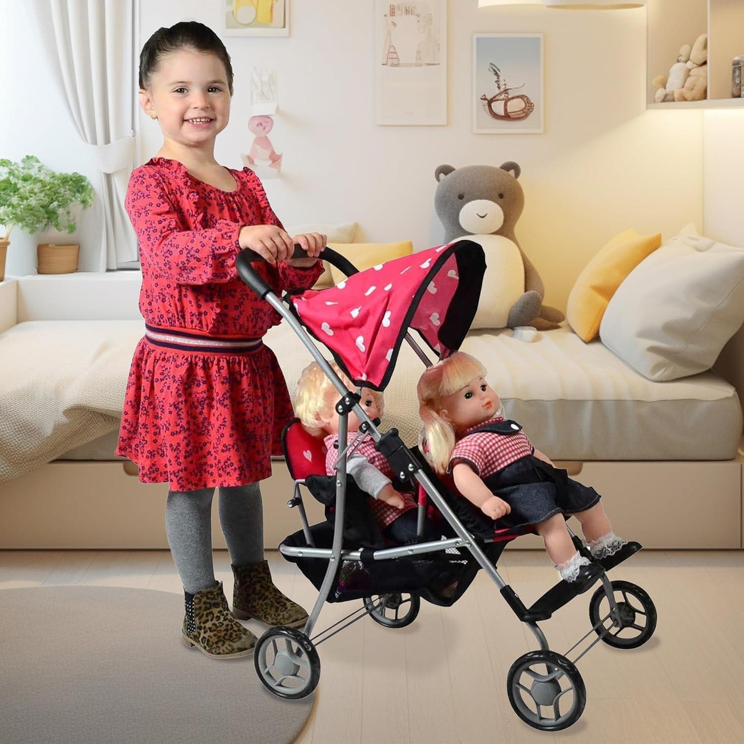 The New York Doll Collection My First Doll Heart Design Twin Stroller Pink