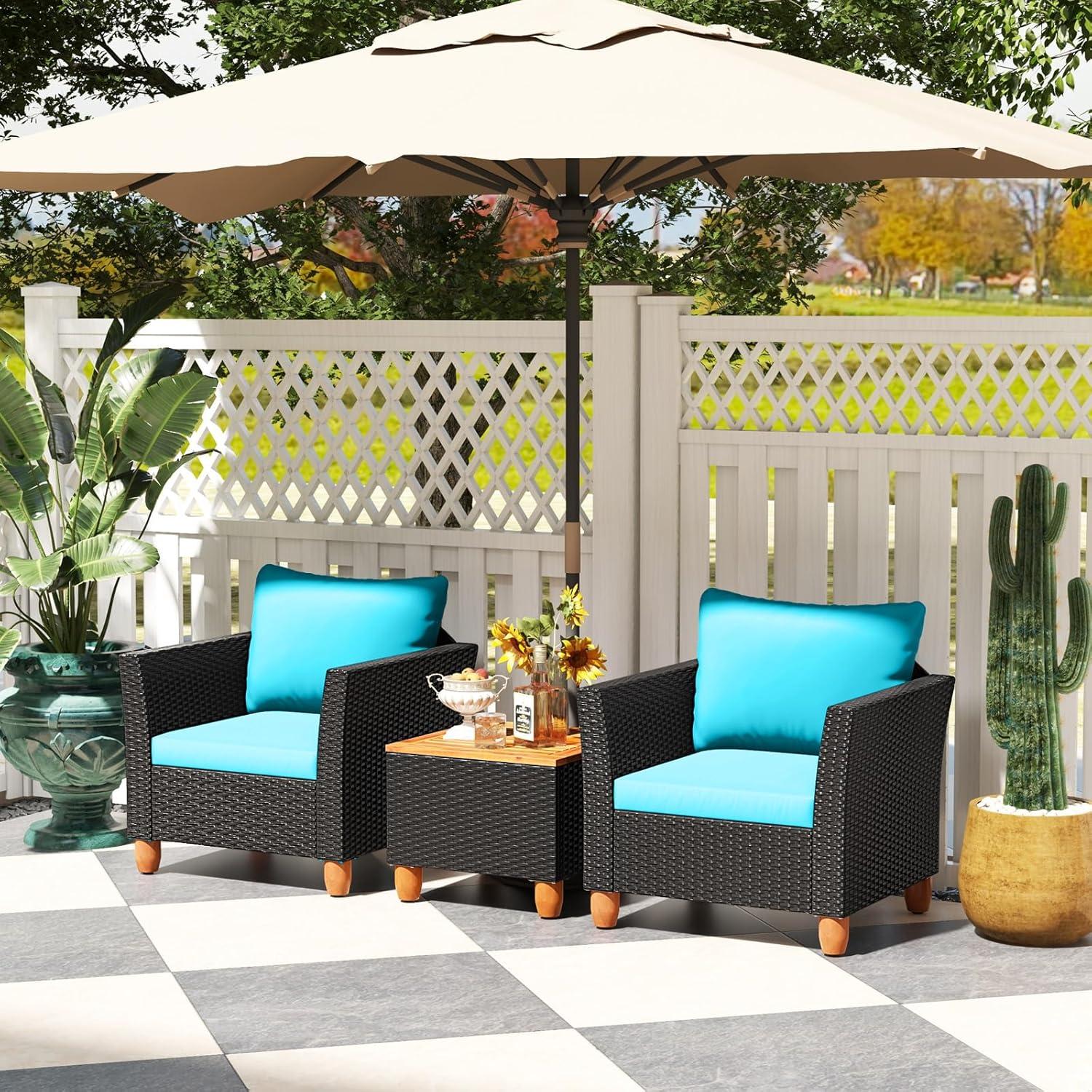 Tangkula 3PCS Patio Rattan Conversation Set Outdoor Furniture Set w/ Turquoise Cushions