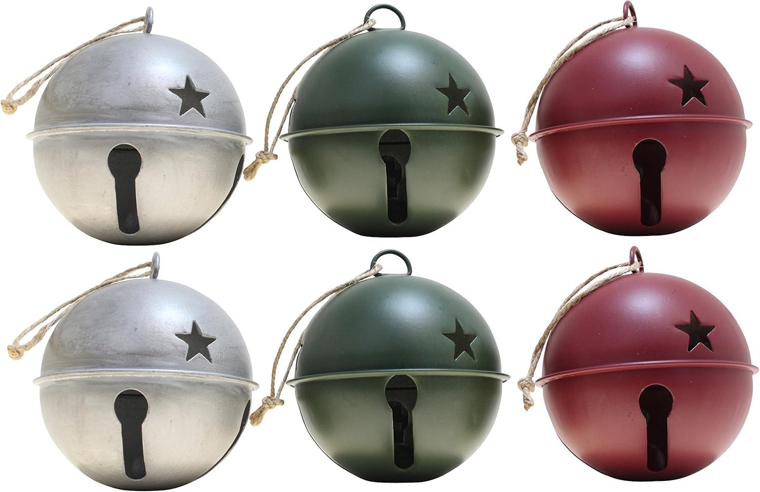 Haute Decor Red, Green, Gray Metal Jingle Bell Ball Ornaments, 3.35 inch diameter, 6 Count - 2 of each color