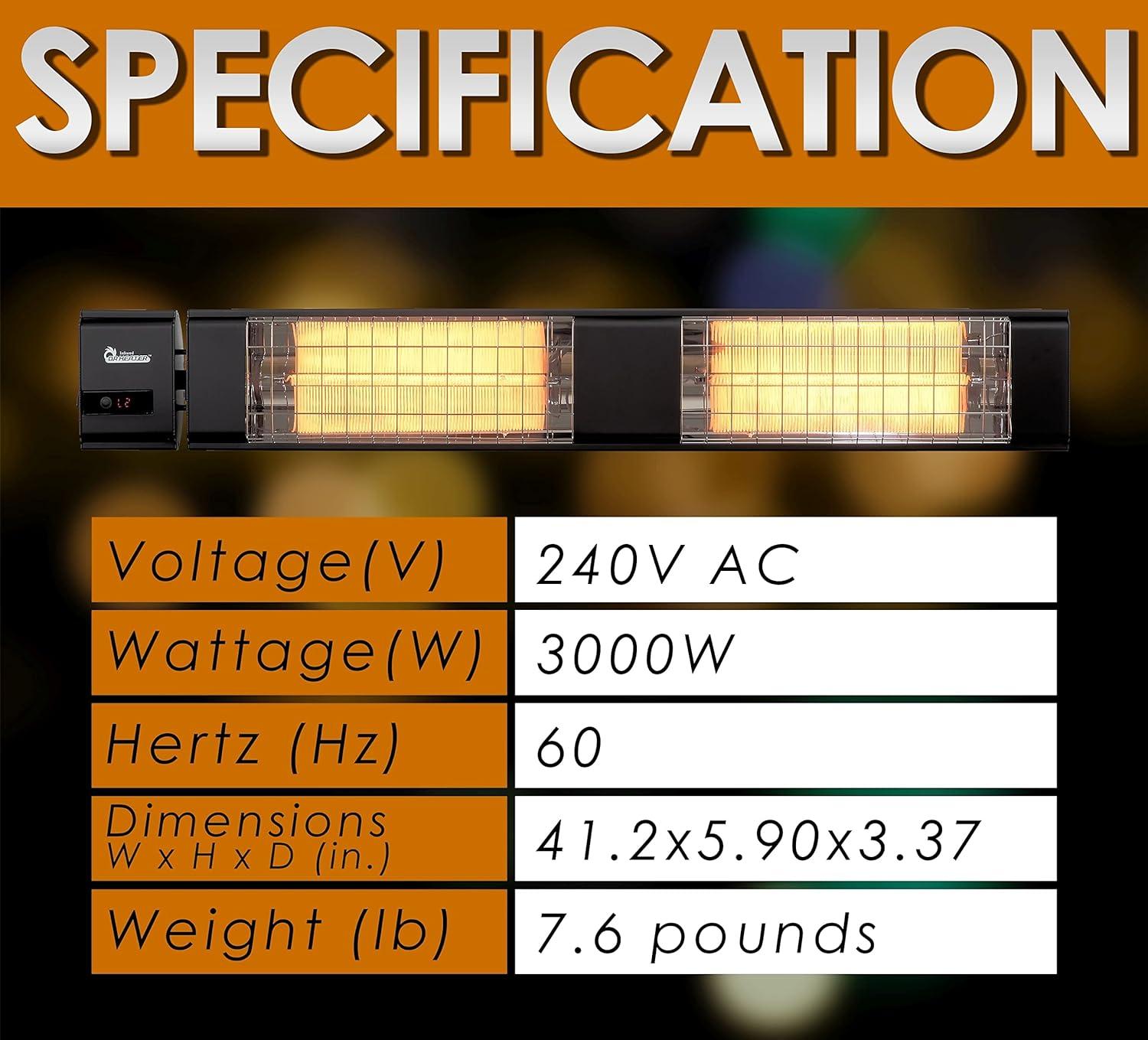 3000W, 240V Indoor/Outdoor Electric Infrared Patio Heater, with Remote