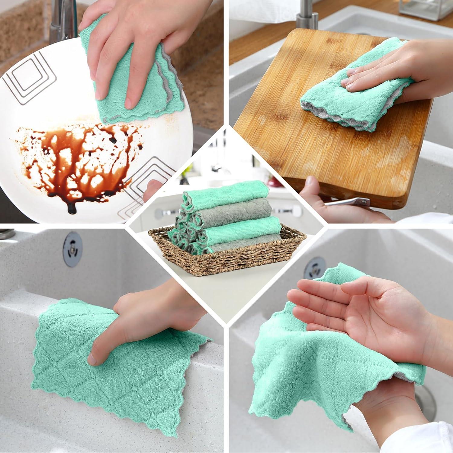 LYCAQL 12 Pack Kitchen Cloth Dish Towels, Premium Dishcloths, Super Absorbent Coral Velvet Dishtowels, Non-stick Oil Washable Fast Drying (Gray-Green)