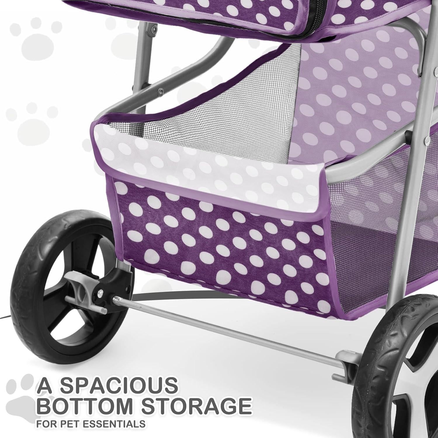 MoNiBloom 3 Wheel Folding Pet Dog Stroller, Foldable Lightweight Trolley with Storage Basket, Cup Holder and 360° Rotating Front Wheel for Small Medium Dogs, Purple with White Polka Dots