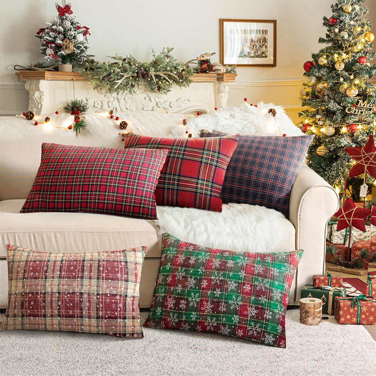 Red and Beige Tartan Plaid Snowflake 18" Polyester Euro Pillow Covers