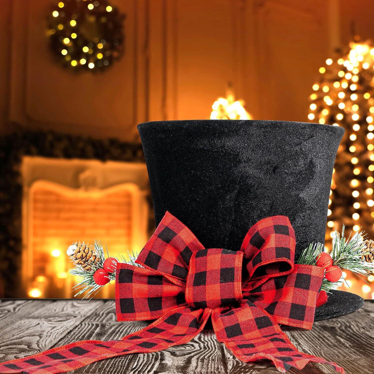 HMASYO Christmas Tree Topper Hat - Upgrade Large Black Velvet Bowler Derby Hat with Red Plaid Bow and Lengthened Ribbon Christmas Tree Decorations Desktop Ornaments for Holiday Home Decor (Black)