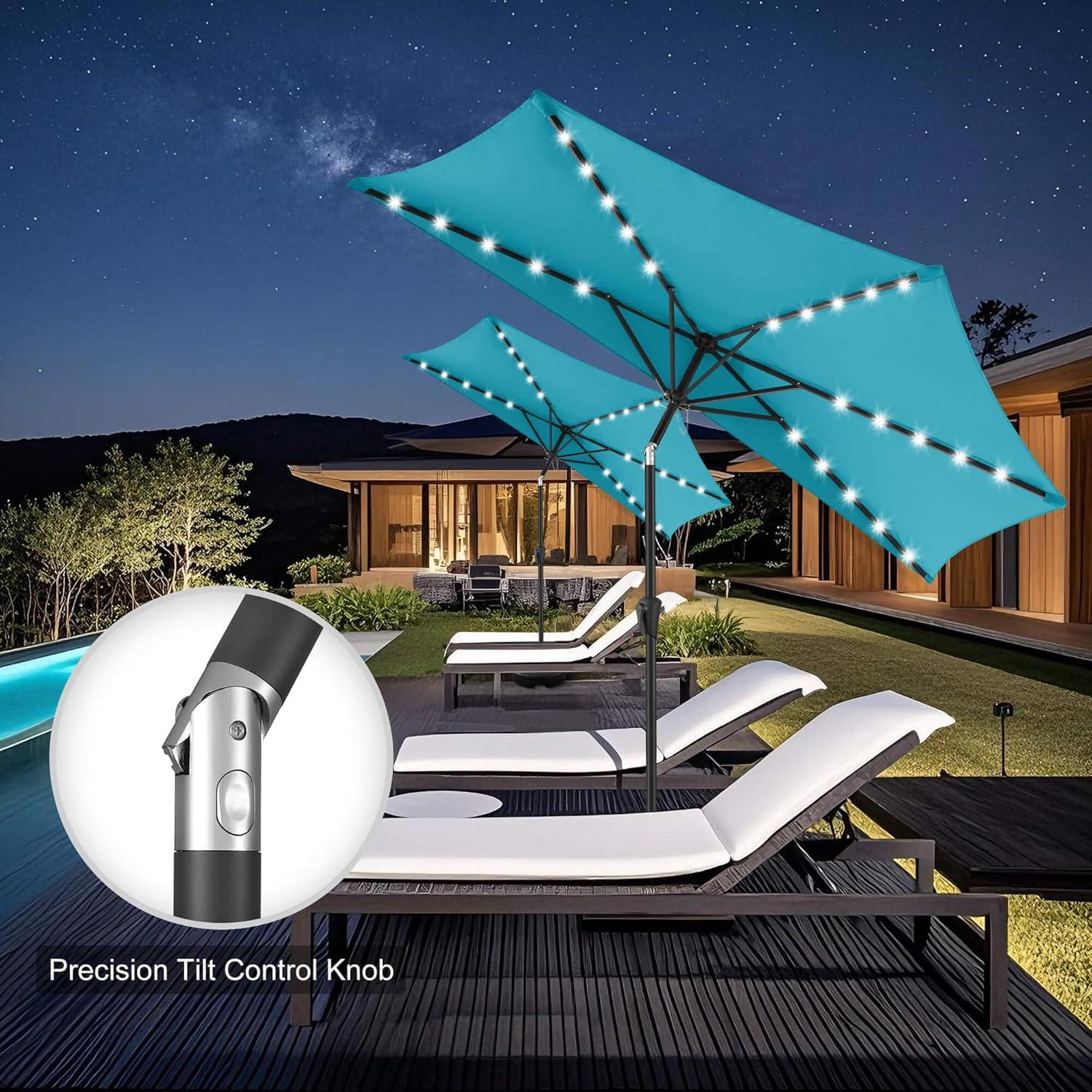 FLAME&SHADE 9 ft Half Round Solar Powered Outdoor Market Patio Table Umbrella for Wall Balcony with LED Lights and Tilt, Aqua Blue