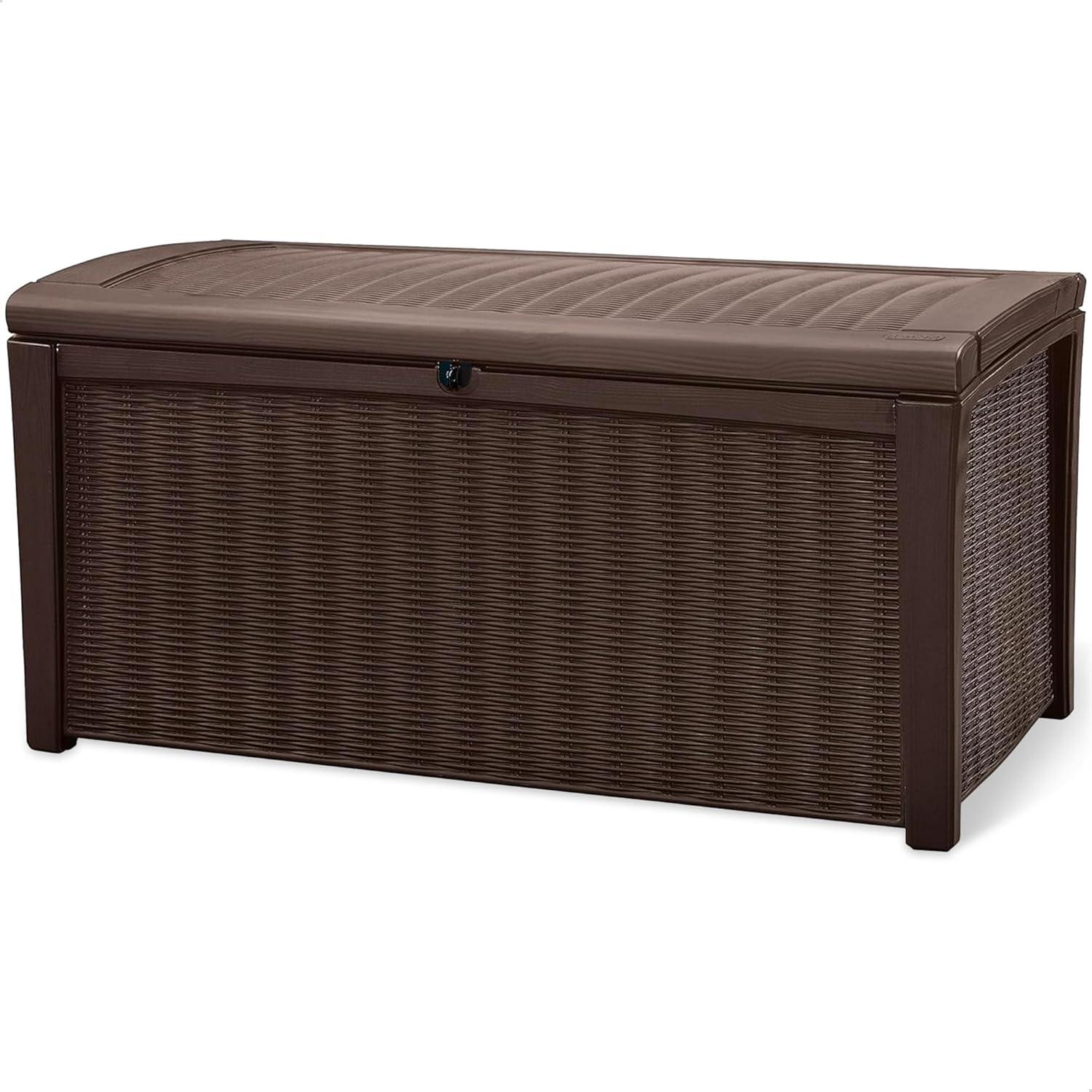 Keter Borneo 110 Gallon Rattan Wicker Resin Patio Deck Storage Box Bench