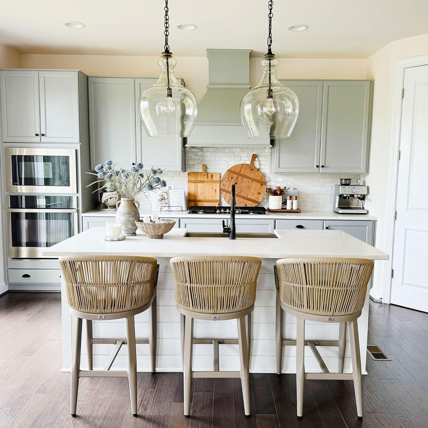 PURPLE LEAF Counter Height Bar Stools Set of 2 Patio Rattan Bar Stool Chairs Outdoor Modern Boho Barstools with Backs and Ergonomic Armrest for Balcony Garden Indoor Kitchen Island, Champagne