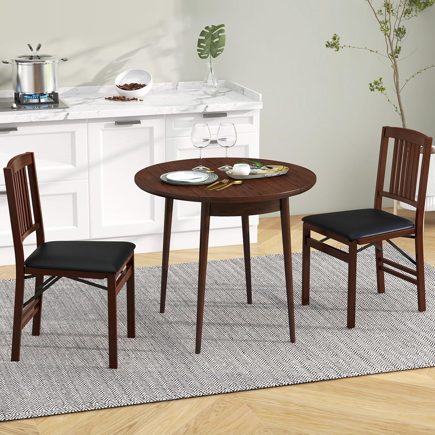 GVN Set of 2 Folding Chairs with Padded Seat and Rubber Wood Frame-Brown, Dining Room Chairs, Lounge Chair for Kitchen, Dining, Bedroom, Living