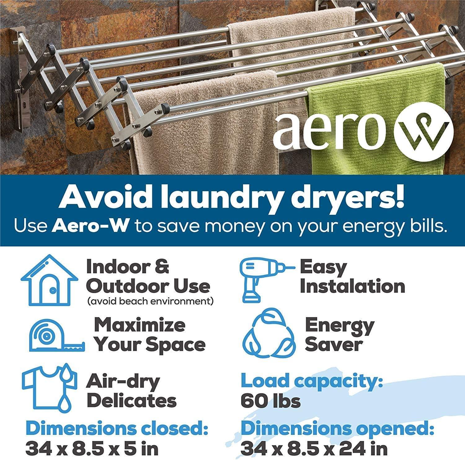 AERO W Racks Aluminum Wall Mounted Collapsible Laundry Clothes Drying Rack (60lb Capacity, 22.5 Linear FT, Aluminum Gray)