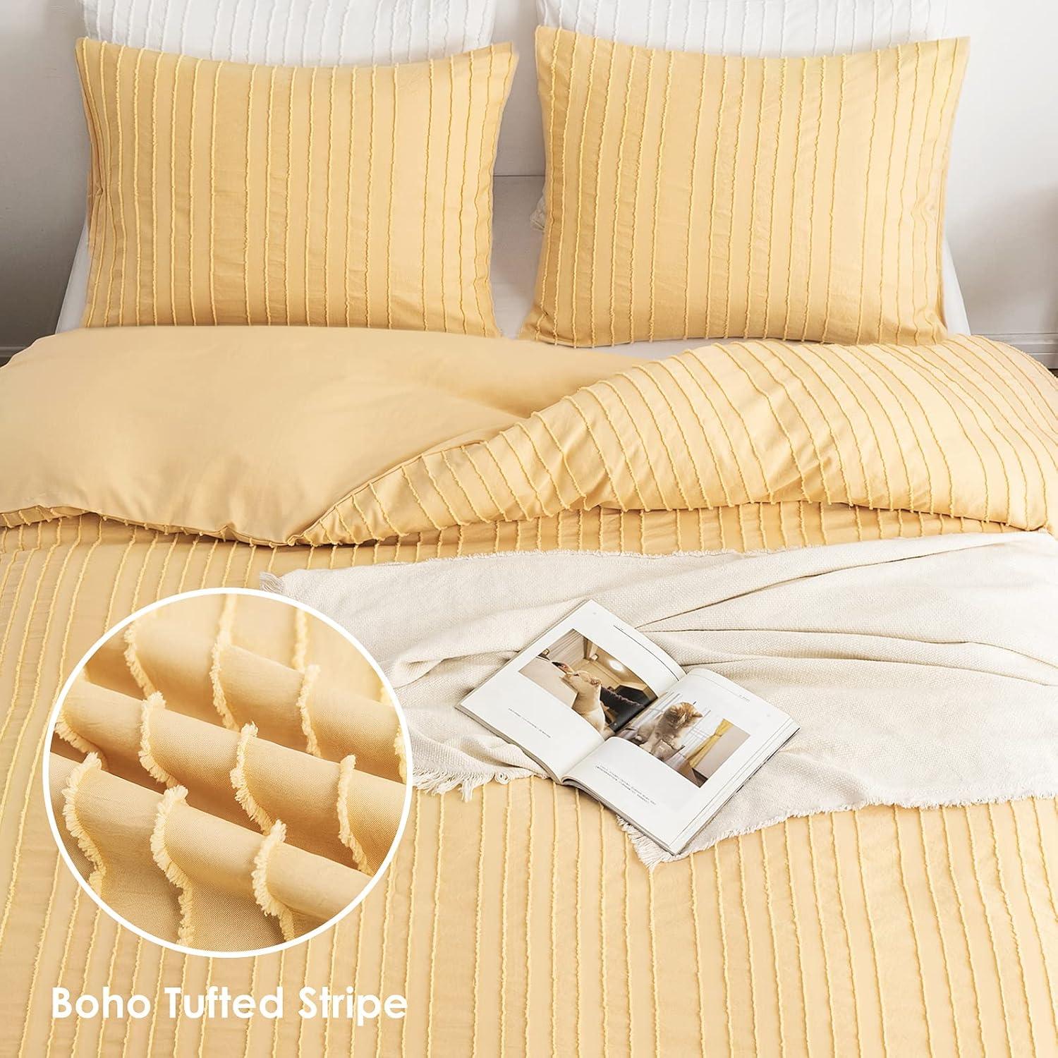 Yellow Boho Tufted Microfiber Queen Duvet Cover Set