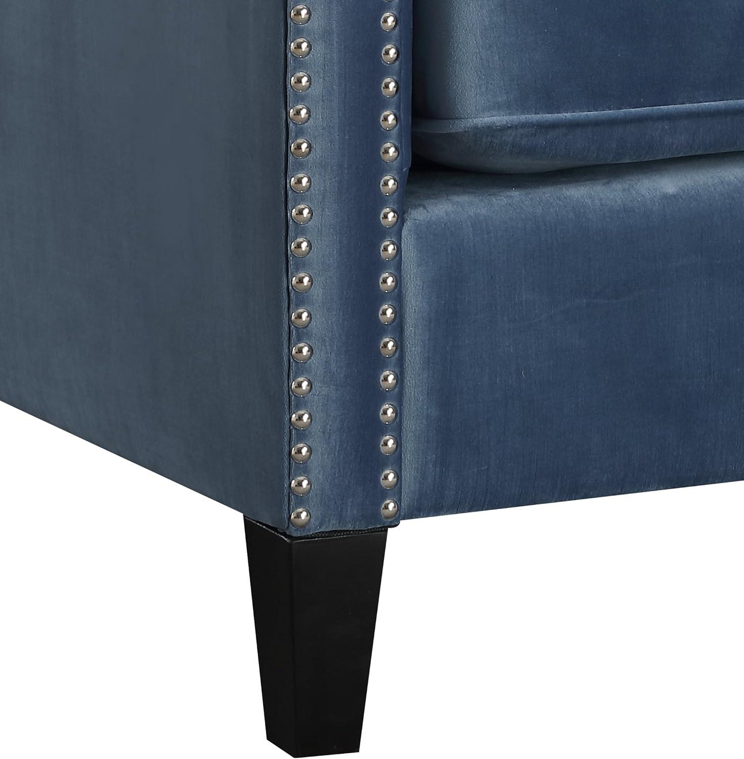 Marine Blue Velvet Square-Arm Accent Chair with Silver Nailhead Trim