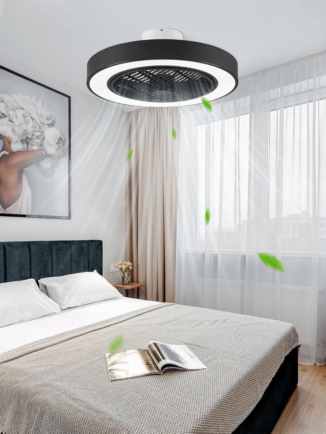 22 in. Indoor Black Modern Enclosed Low Profile Ceiling Fan with Light with Smart APP and Remote Control
