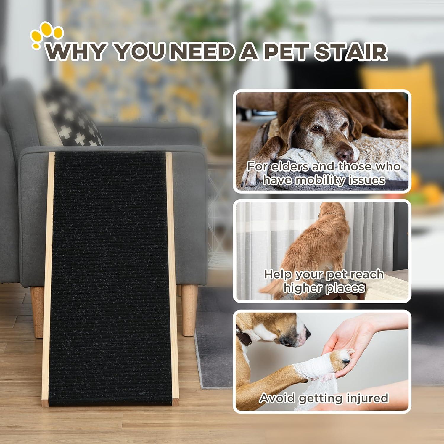 PawHut Elevated Pet Ramp for Dogs and Cats, Foldable and Height Adjustable with Non-slip Finish, Pine 35.5"L x 16"W x 24"H, Black