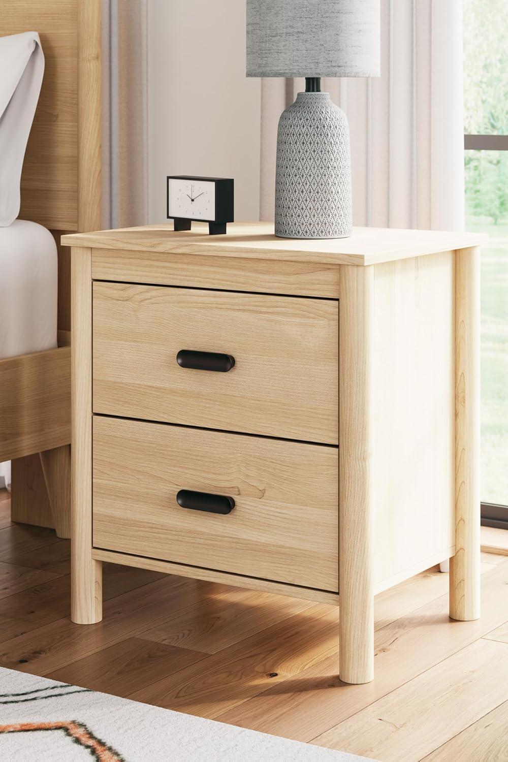 Beige Transitional 2-Drawer Nightstand with Metallic Knobs