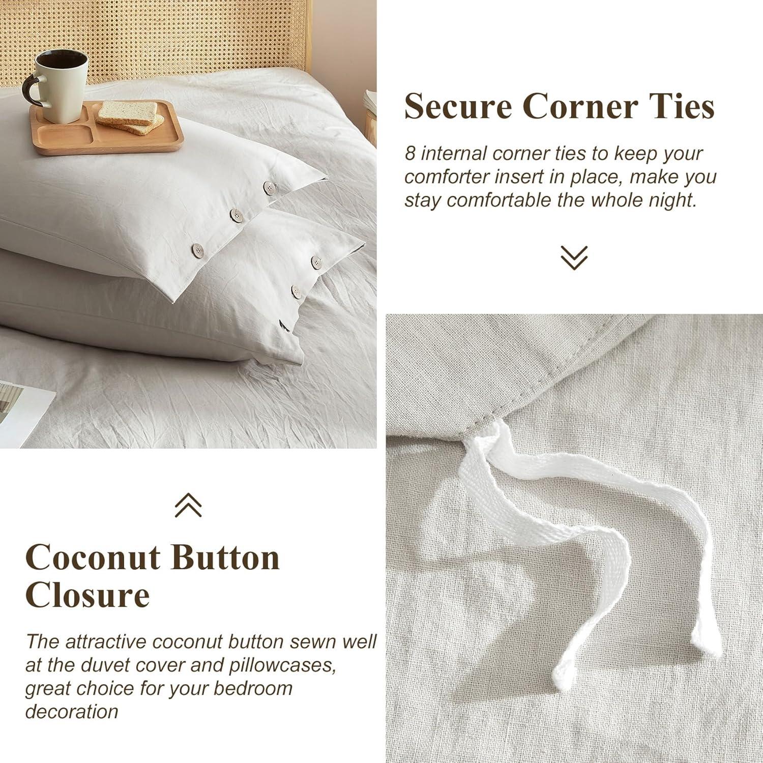 Ivellow Linen Cotton Blend Duvet Cover Set Queen - Jaquard Floral Textured Ultra Soft Breathable Grey Botanical Garden Flower Leaves Branch Bedding Set 3 Pcs