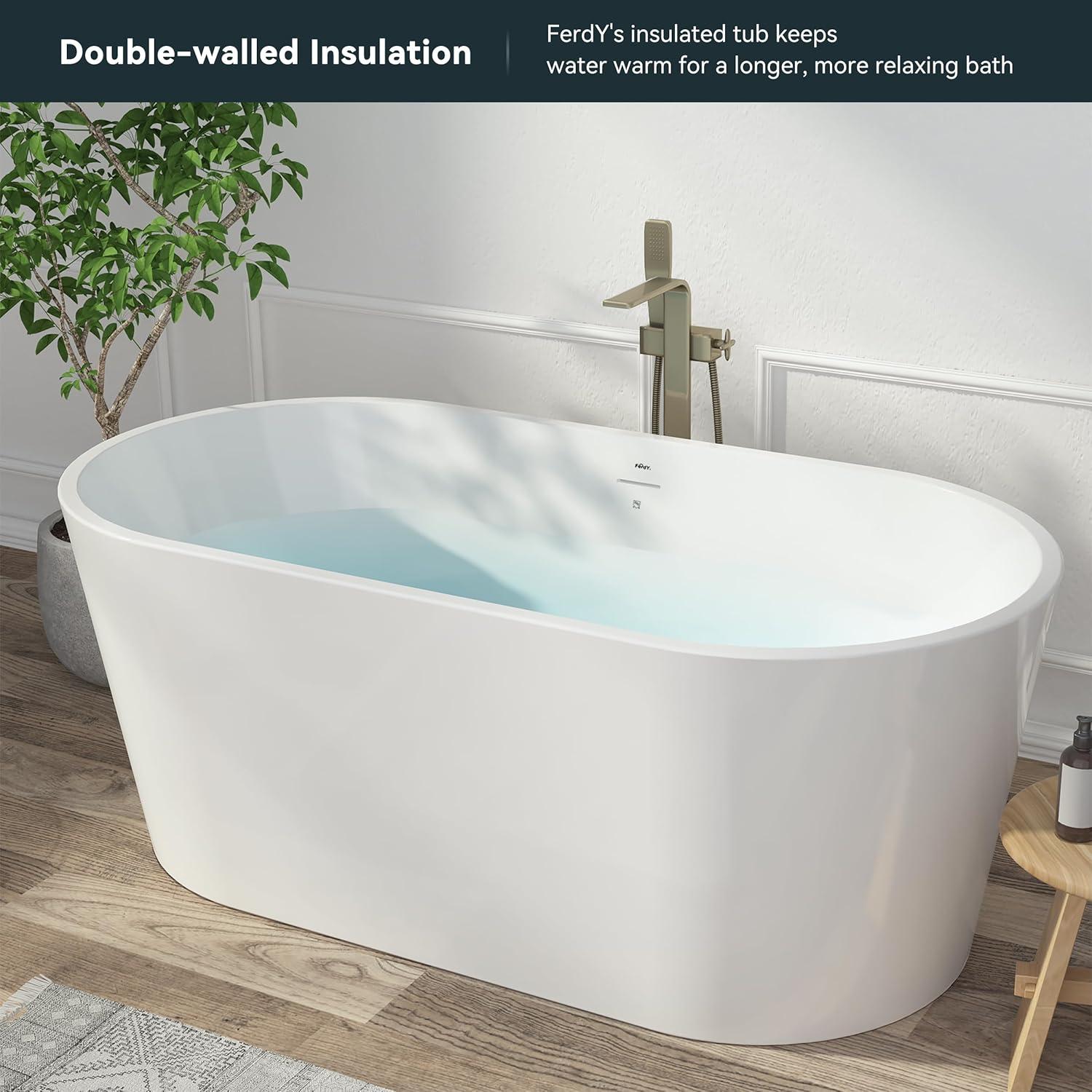 Freestanding Soaking Acrylic Bathtub with Brushed Nickel Drain