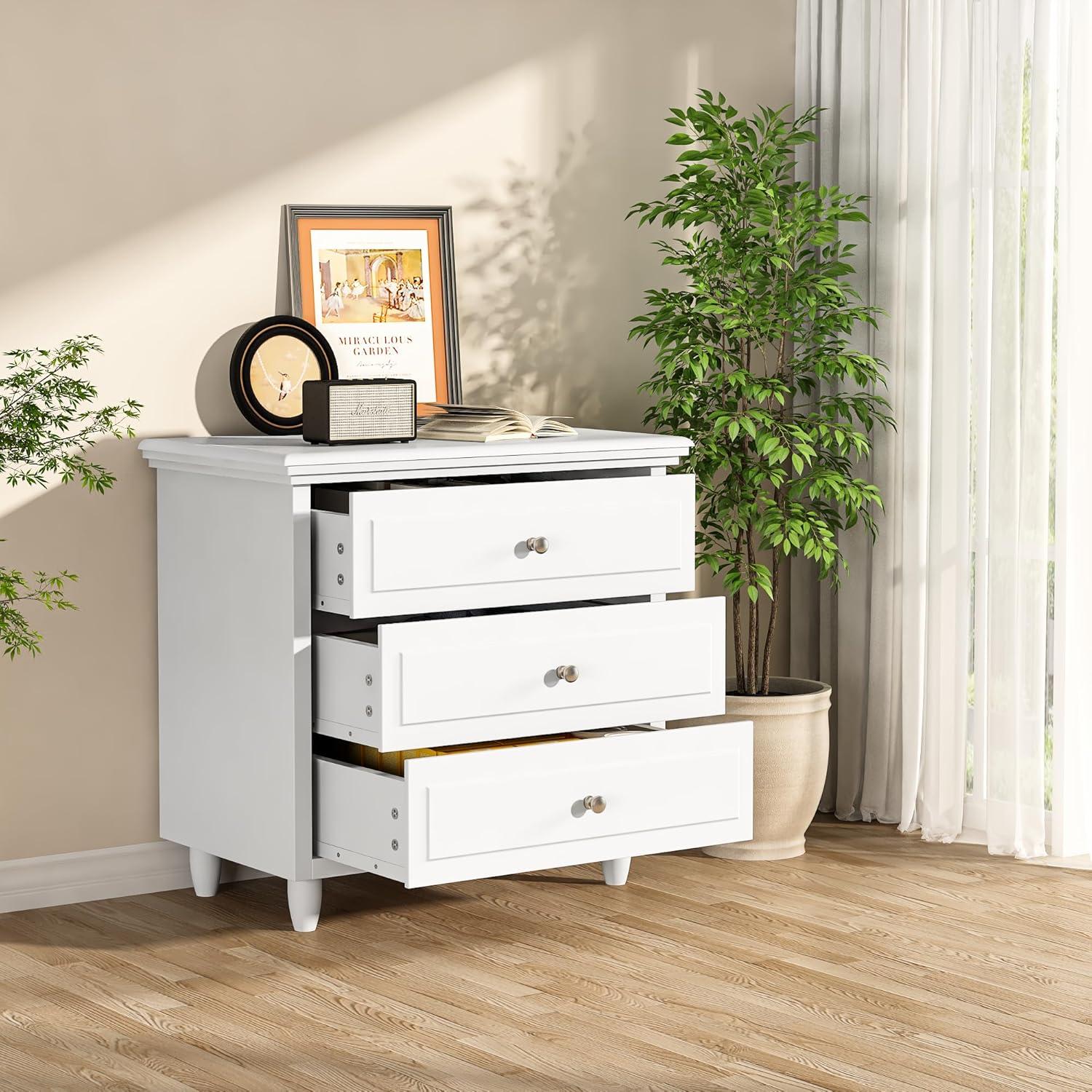 AWQM 3 Drawers Nightstand, with Wood Legs,Modern White Drawers Dresser Bedside Nightstand,Ideal for Bedroom,Living Room, 15.75" D x 21.65" W x 23.6" H,White