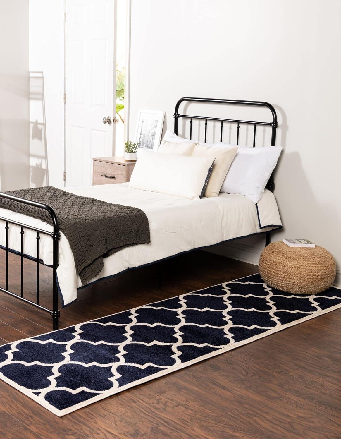 Navy Blue and Beige Trellis Synthetic Runner Rug